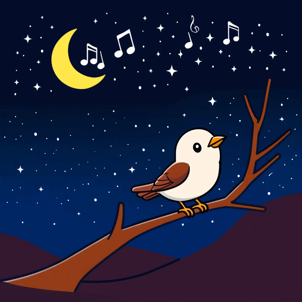 a nightingale bird singing with musical notes visible, flying against a dark starry night sky emoji