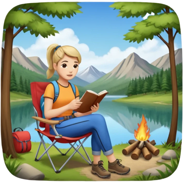 A pony tail hair woman journaling on a camping chair, enjoying the quiet nature scene. emoji