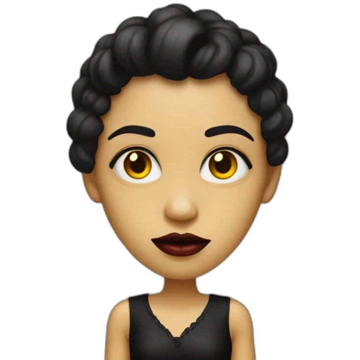  similar to human with red skin, black long hair, yellow eyes (black white of the eye), in black lather dress, black lips emoji