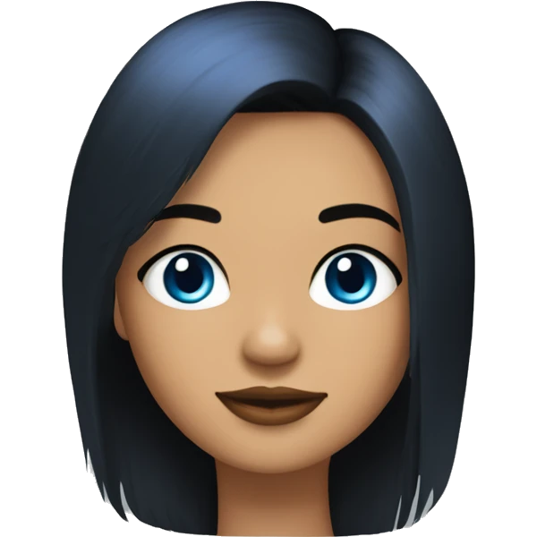 Chica ojos azules, pelo negro liso con flequillo recto corte tipo chelsea emoji