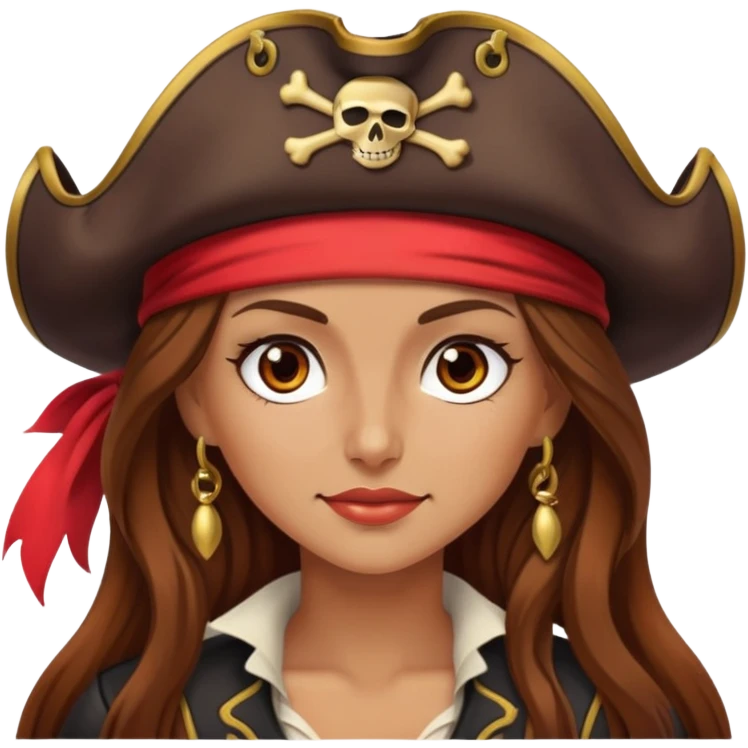 Women pirate long brown hair and brown eyes, red hat emoji