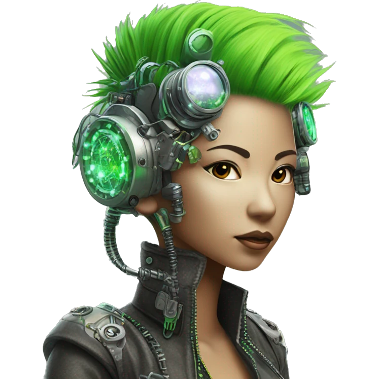 Neon green Mohawk hair Asian female cyborg head with silver steampunk goggles and circuits emoji