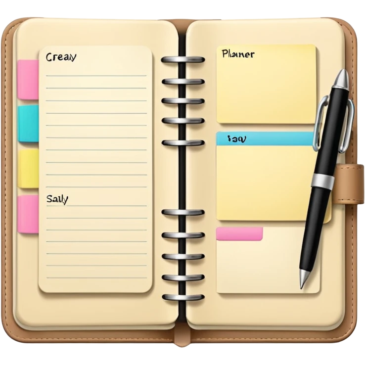 daily planner agenda cream leather with open page and pen with stickynotes emoji