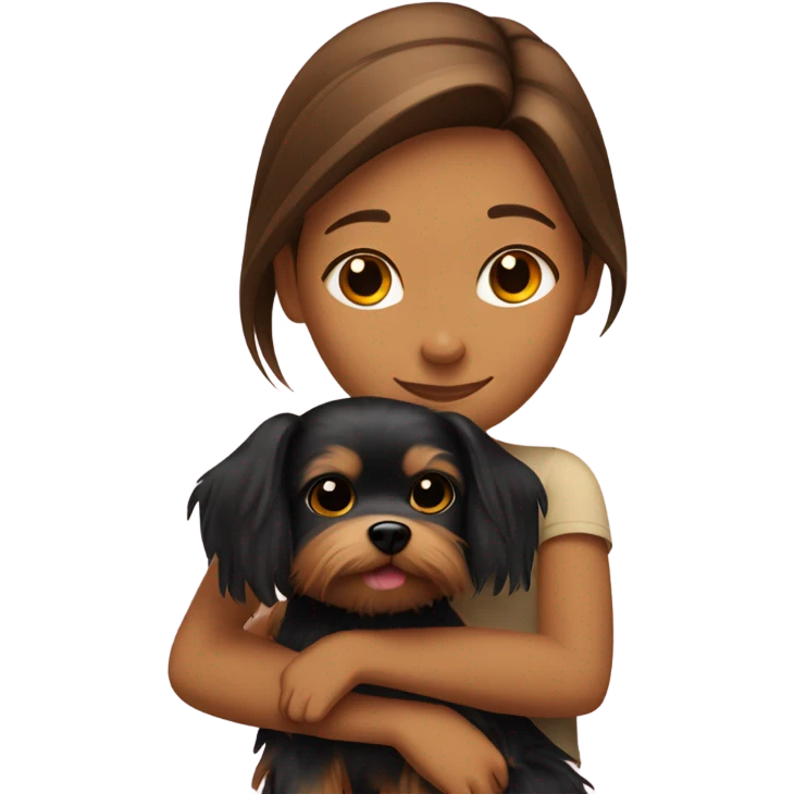 Tan girl brown straight hair hugging a yorkshire terrier dog emoji