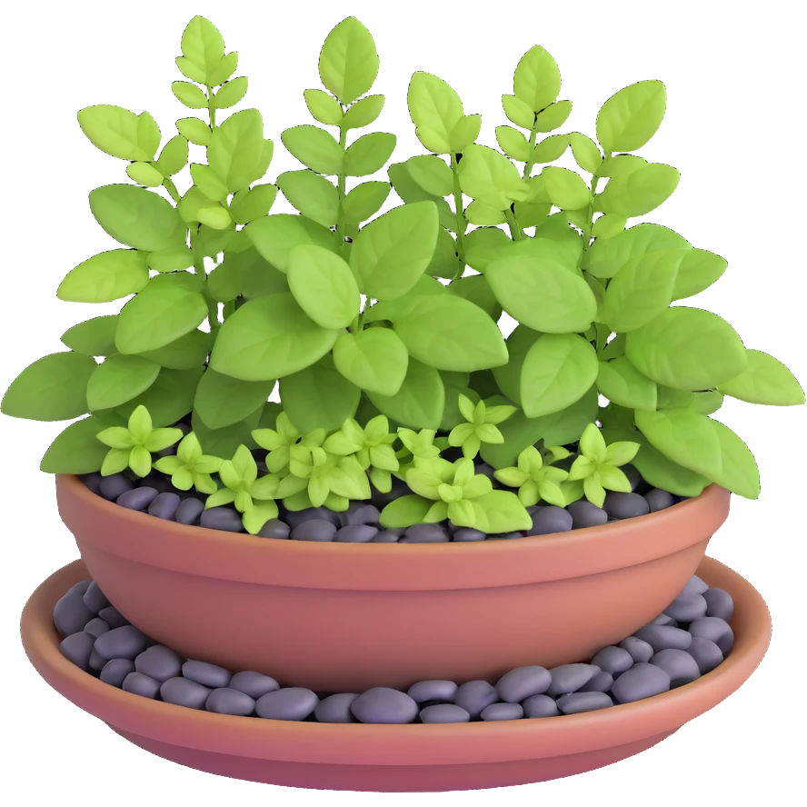 Miniature dish garden with young Plectranthus Verticillatus plants with perfectly round leaves arranged with small pebbles and moss emoji