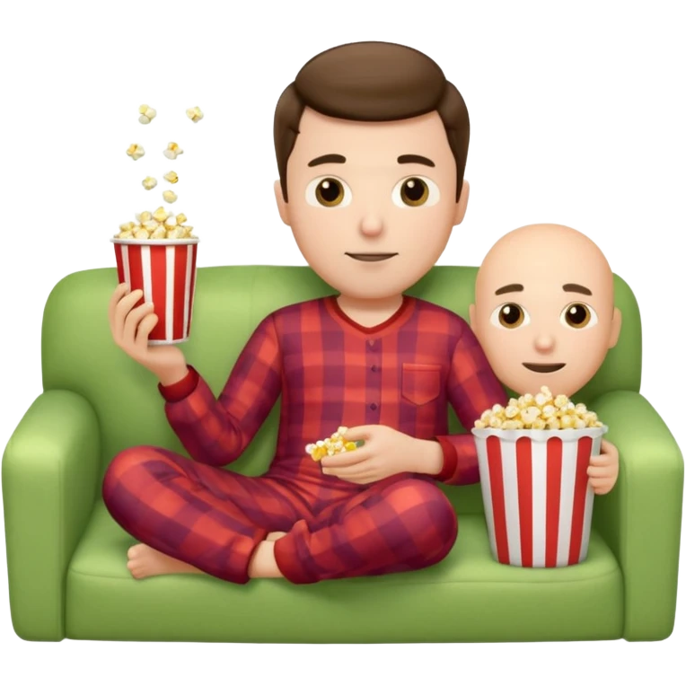 male memoji, lazy man in pajamas, lying on couch, holding TV remote, relaxed face, casual home vibe, popcorn bucket emoji