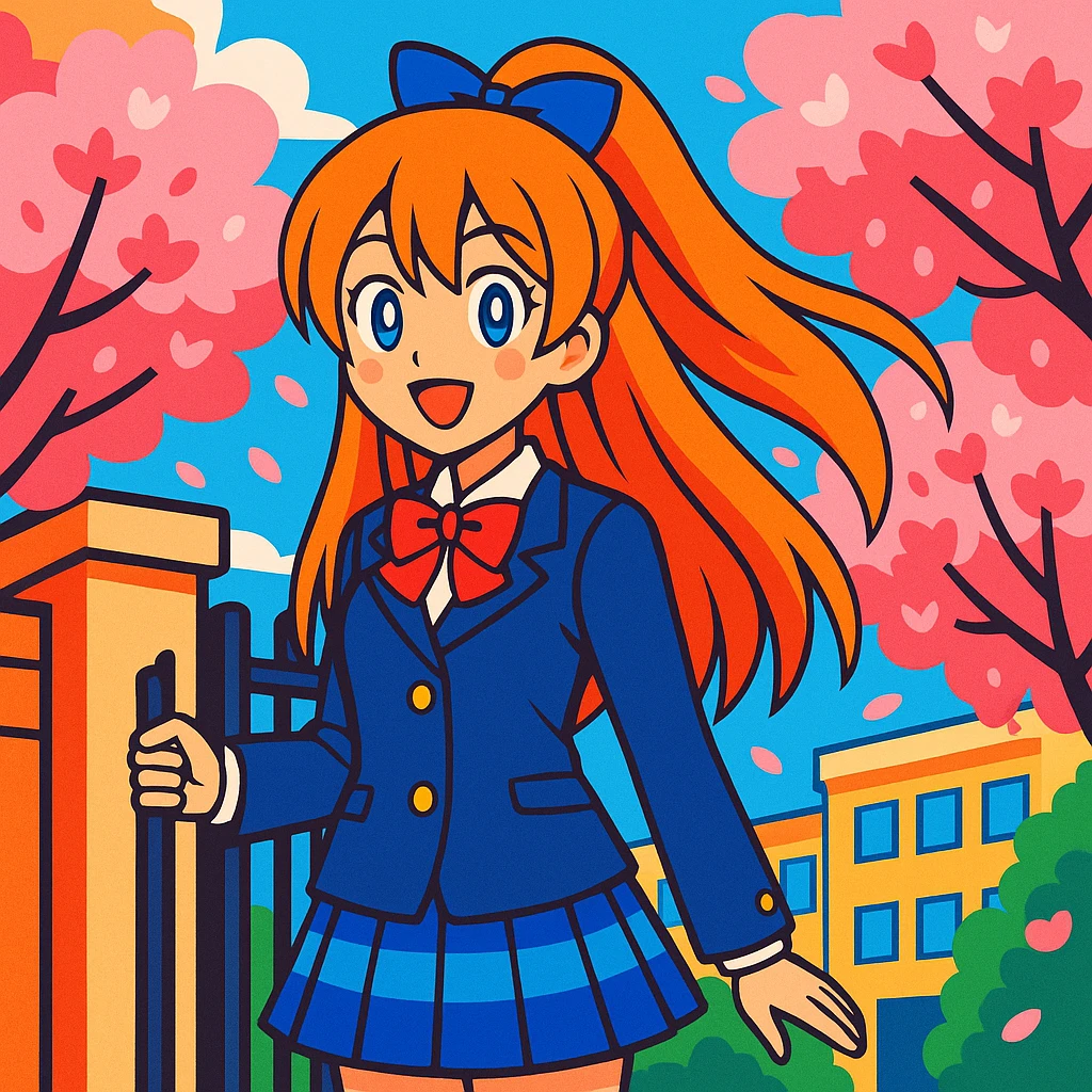 anime schoolgirl with long orange hair, blue ribbon, blue eyes, smiling, in Japanese school uniform, standing by school gate with cherry blossoms, vibrant colors, Love Live! inspired emoji