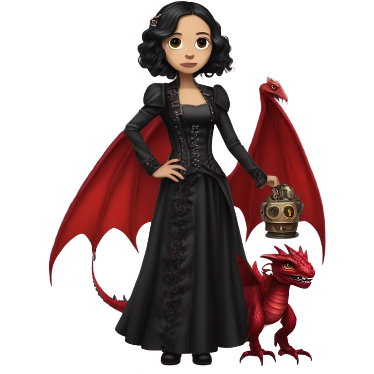 Lavish Victorian evening gown with gloves, Jenna Ortega as Addams girl Jedi wearing a steampunk mini tiara, standing next to a very large blood red evil-looking horned dragon emoji