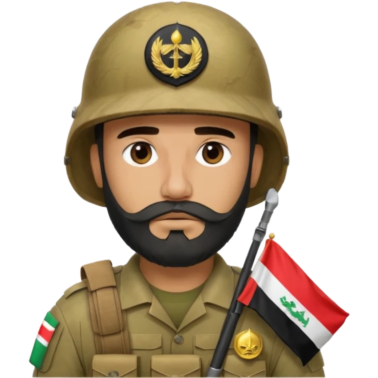 A tired, swarthy Iraqi soldier with a beard, an Iraqi flag on his helmet, a sad expression and bags under his eyes emoji