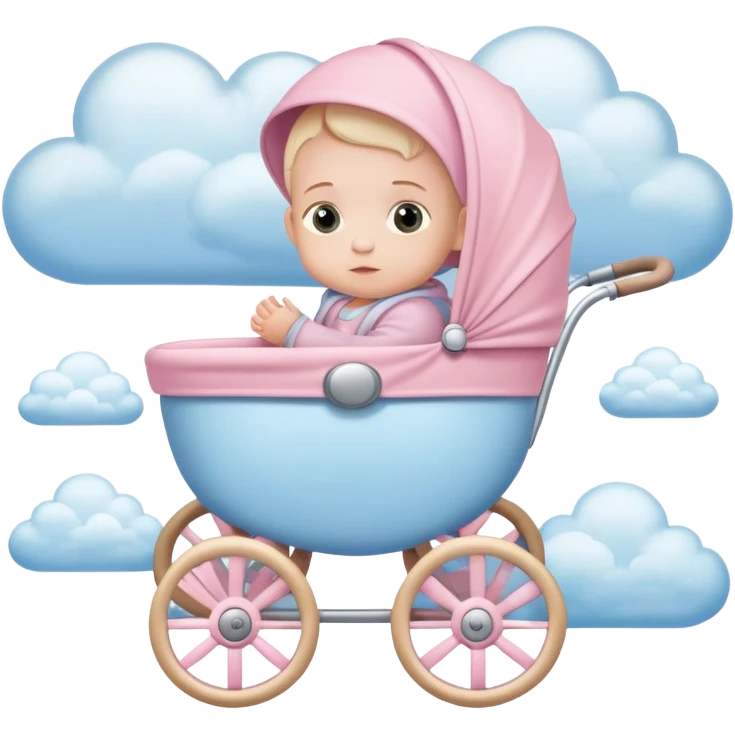 baby sitting in pink and beige stroller with pastel blue clouds around it emoji