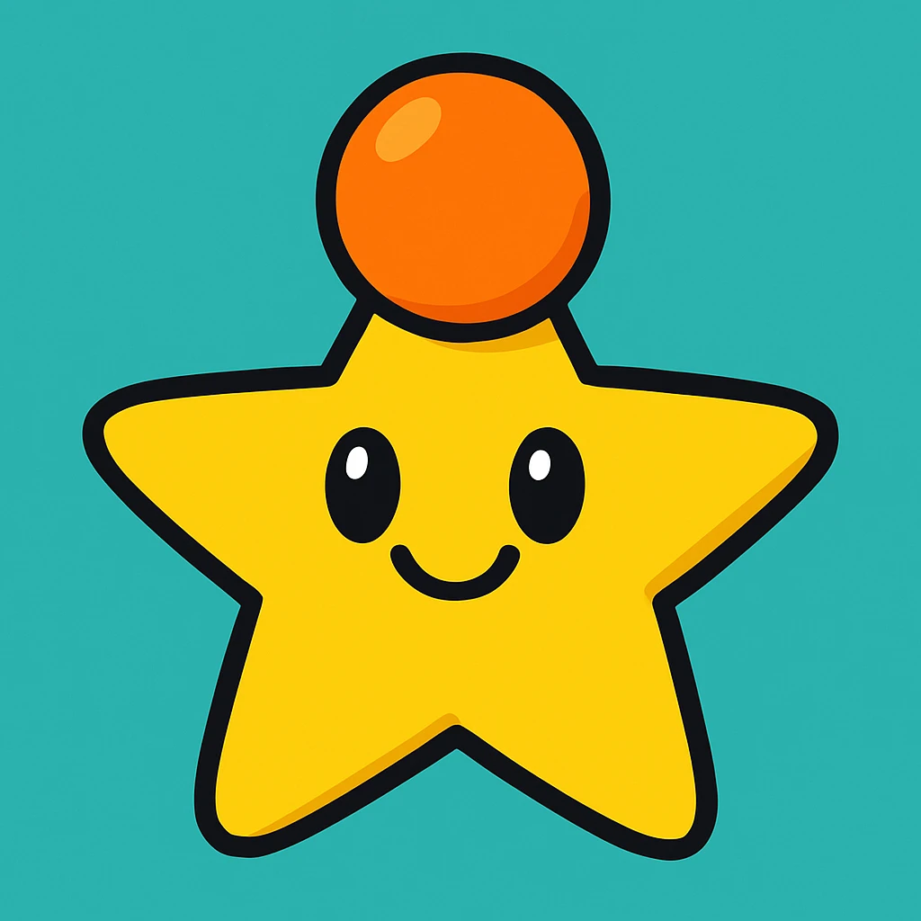 yellow star with an orange circle on top, cartoon style, playful look emoji