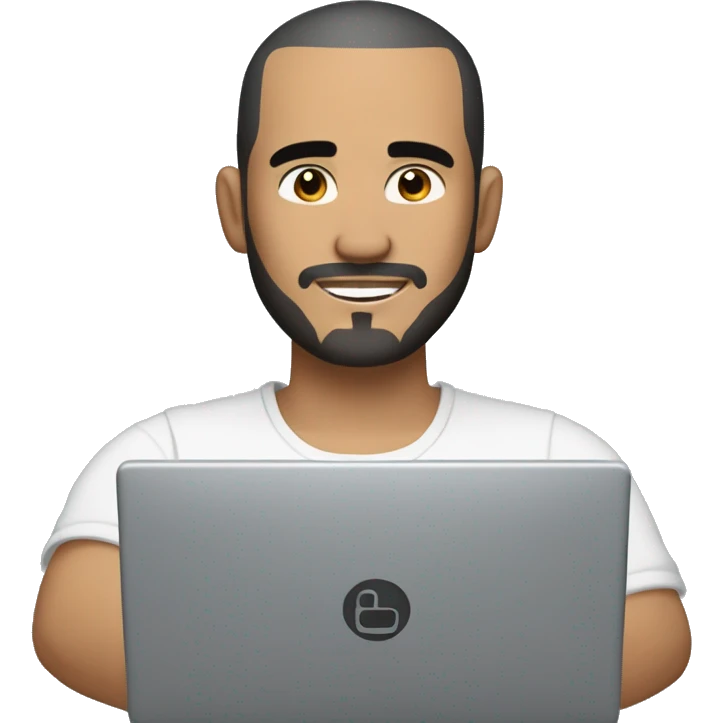 mexican man buzz cut hair with black stubble beard and black eyes in casual clothes, holding dell laptop. emoji