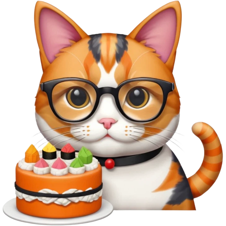 cat with cool square shaped glasses eating a birthday cake made out of sushi emoji