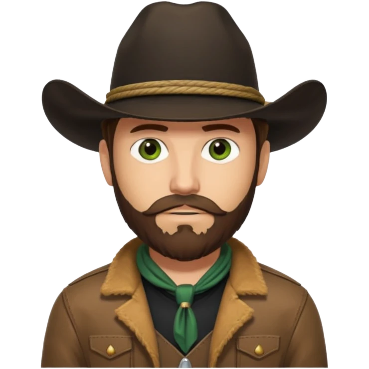 yellowstone ranch cowboy with brown beard, black cowboy hat with black rope and no jewel, black t-shirt, leather tan jacket, and green eyes emoji