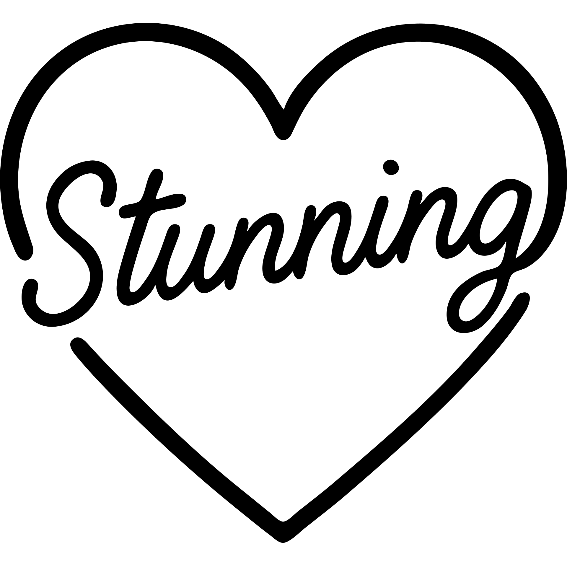 black heart with the word 'Stunning' in handwriting over it, outlined icon with no fill, only black, text included emoji