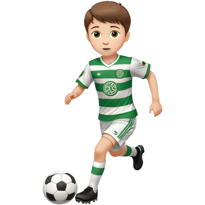 Celtic footballer jersey logo  6 years old brown hair white boy , brown eyes , stripes uniform , RUNNING  with soccer ball is number  17 celtic football logo  ONE CELTIC LOGO ONLY white shorts emoji