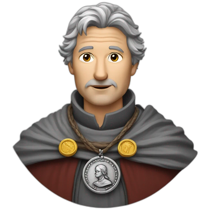 medieval coin engravers guild leader, 50 years old, grey hair, bust, has a necklace with a coin emoji