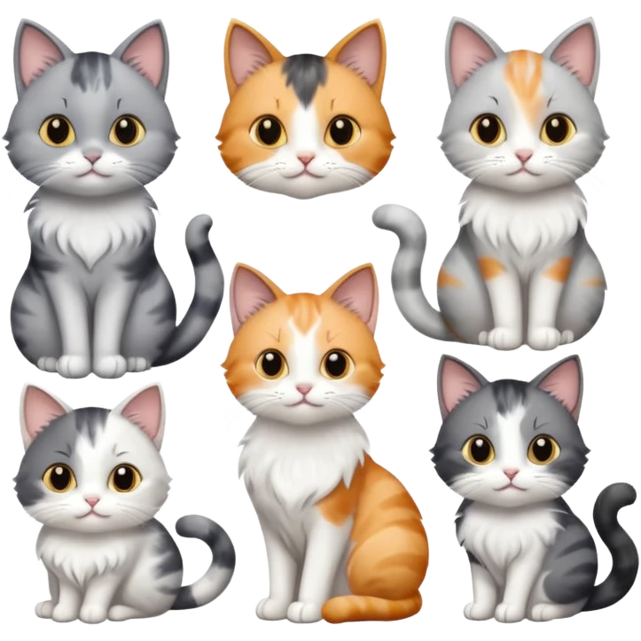 6 realistic looking cats with different natural coloured coats, assorted grey and white, greys, calico colours etc
 emoji
