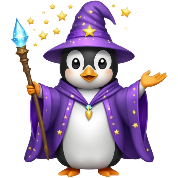 penguin wizard casting a spell with sparkles and a starry robe, emoji style emoji