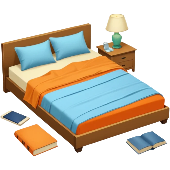 bed with a wrinkled light blue blanket, cream mattress, and one pillow out of place on the floor. Around the bed, scattered items include an orange t-shirt, greenish-blue pants, and an open book on the floor. The background is transparent emoji