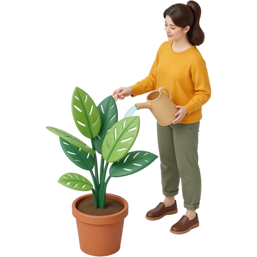 woman watering her monstera plant emoji