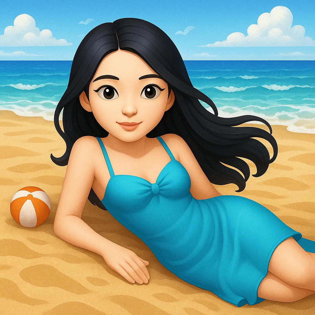 emoji ios 18.1 beautiful girl with black long hair lies on the sea beach, more beach details emoji
