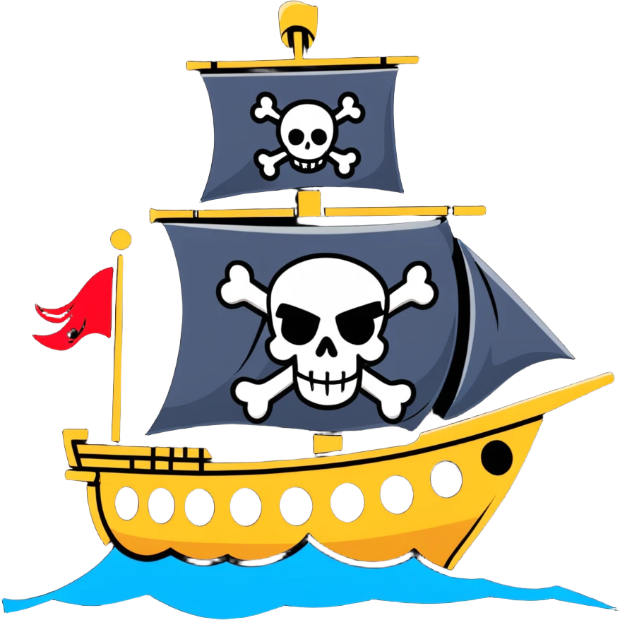 A pirate ship sailing on the open sea, with a skull and crossbones flag flying high, and pirates wearing bandanas and eye patches emoji