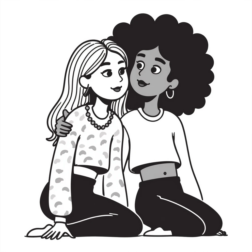 Full body of two teenage girls sitting together as friends, one white with straight blonde hair and one brown-skinned with curly black hair, both with heavy makeup, big lips, tight crop tops, hoop earrings, choni style urban clothing emoji