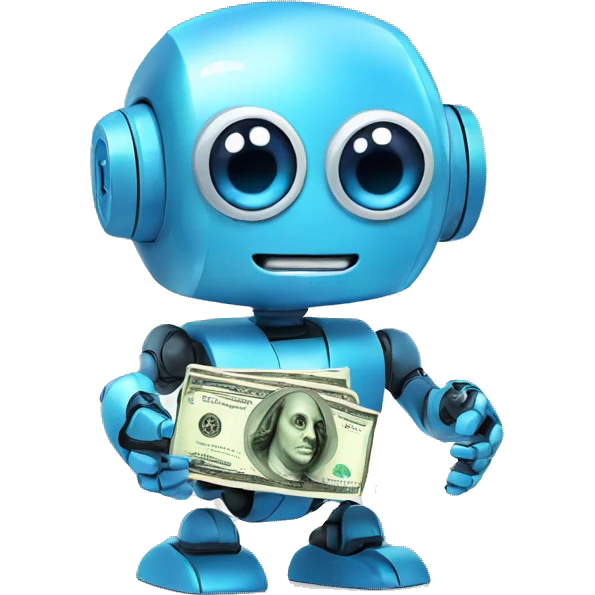 cute blue big-eyed robot holding money emoji