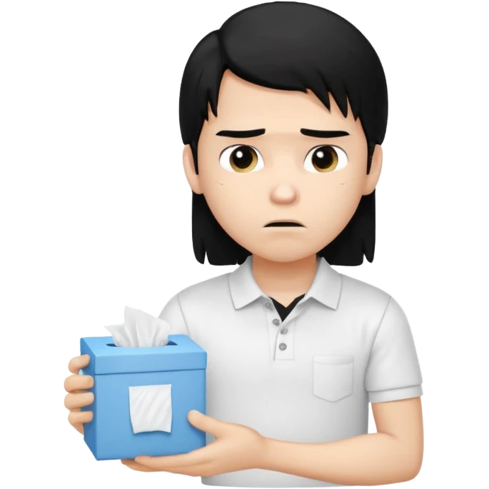 generate a pretty bratz boy with long black hair, wearing a white polo shirt. Looking sad, holding a box of tissues in right hand emoji