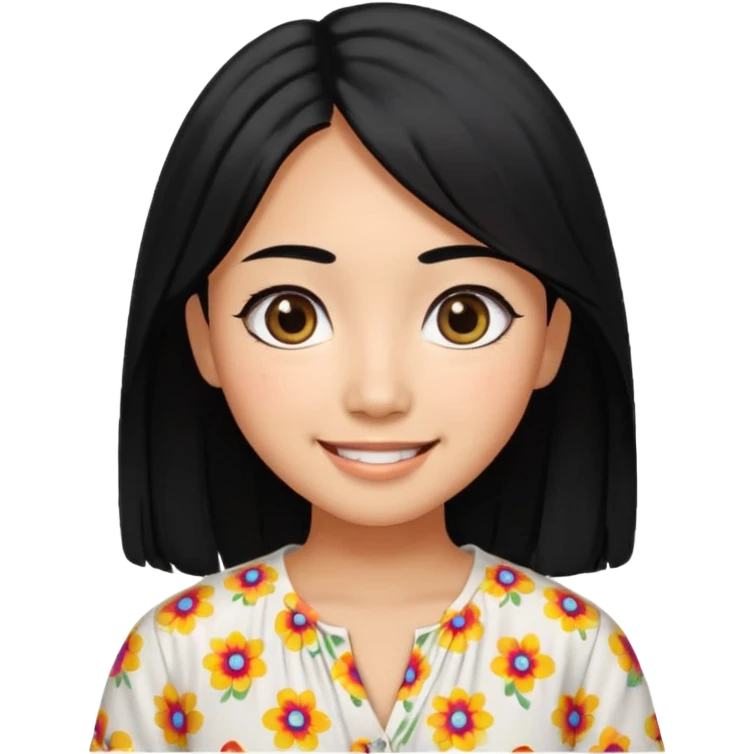 20 yr old asian woman hair white blouse with black dots center part big eyes big smile tanned skin straight black hair hippie part hair  emoji