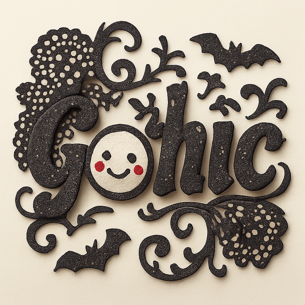 Add gothic motifs such as black lace, tiny bats, and ornate flourishes around the sparkling black text, keep the 3D paper-craft effect, kawaii style, no outline, transparent background. emoji