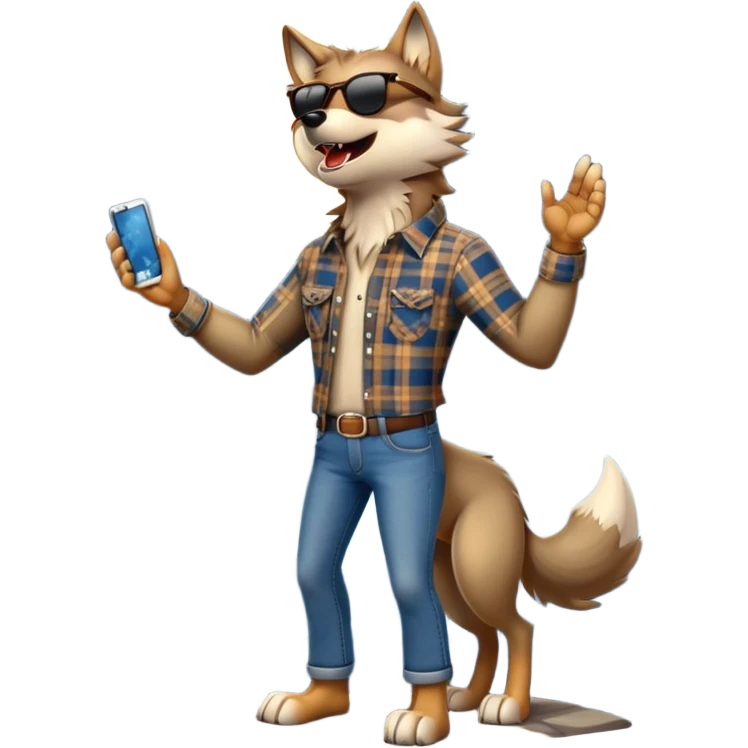 friendly anthropomorphised wolf in jeans and plaid shirt, wearing dark sunglasses, howling with the moon in the background, dynamic pose emoji