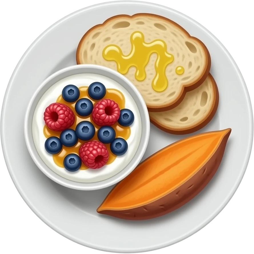 Realistic Plate with greek yogurt bowl topped with blueberries raspberries and maple syrup and sourdough slice topped with olive oil and a sweet potato on the side HD emoji