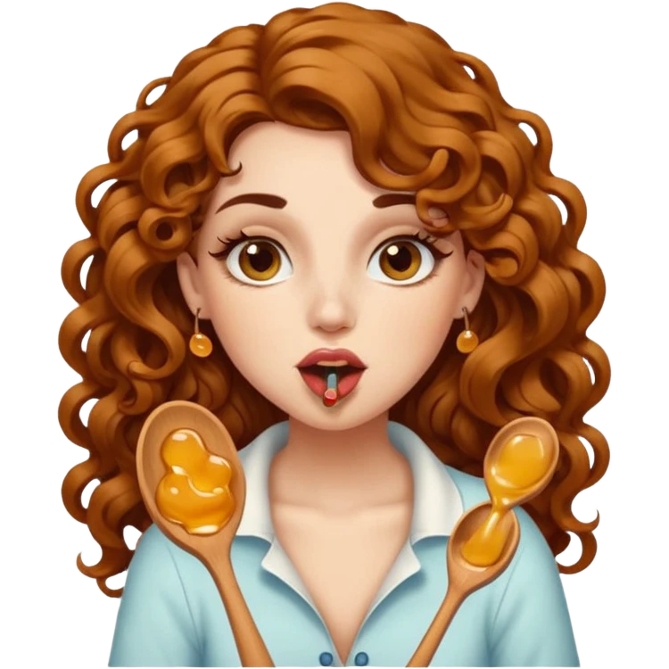 portrait woman long curly brown hair brown eyes white skin tattoos licking honey from wooden spoon, flirty emoji