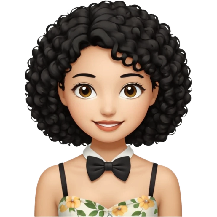 A young woman. She has voluminous, curly black hair that frames her face beautifully. Her skin tone is warm and glowing, and she has a subtle, natural makeup look. She’s smiling softly at the camera. She is wearing a white floral top with thin straps and a small bow tie detail in the front. emoji