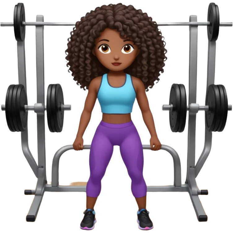 Uma boneca morena escura com olhos castanhos e cabelo cacheado longo até o peito, treinando Gym malhando emoji