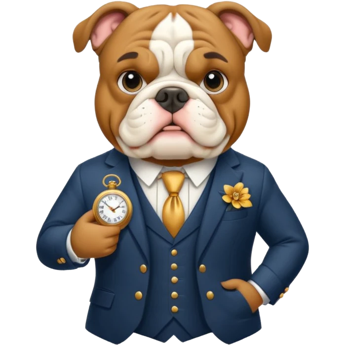 bulldog guide in a formal English suit with a pocket watch emoji