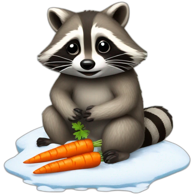 raccoon sits in an almost melted snowman, from which he pulled out a carrot emoji