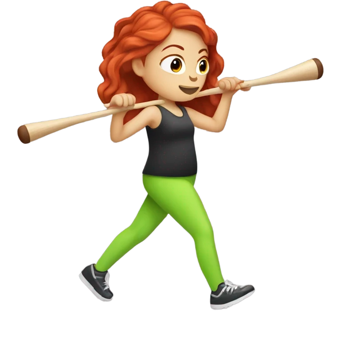 Red headed girl doing a workout with a musical drumstick in each hand but make the drumsticks lime green  emoji