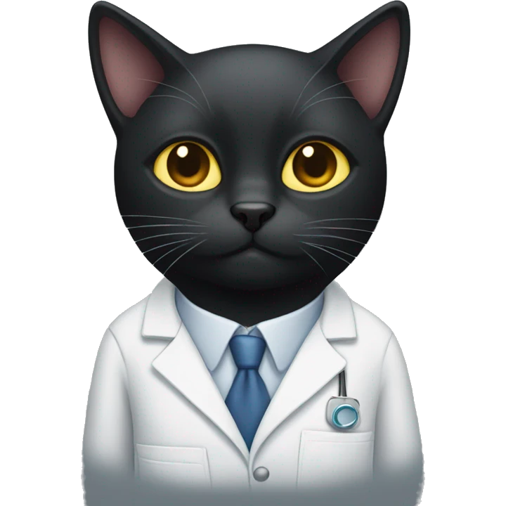 Black cat wearing lab coat with eyes crossed out emoji