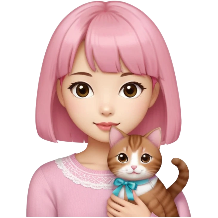 Cute East Asian girl, soft fair skin with blush on cheeks, big brown eyes with long lashes, natural pink lips, inward brown bob with straight bangs. Wearing a stylish pink knit top with ribbon details and subtle lace trim, holding a fluffy Abyssinian cat in arms, gentle smile, emoji
