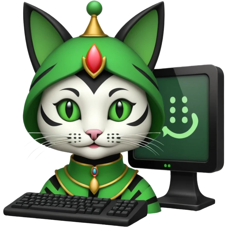 mac os icon code computer retro terminal, black, green white, fantasy court jester cat draw as ASCII GREEN code inside the terminal emoji