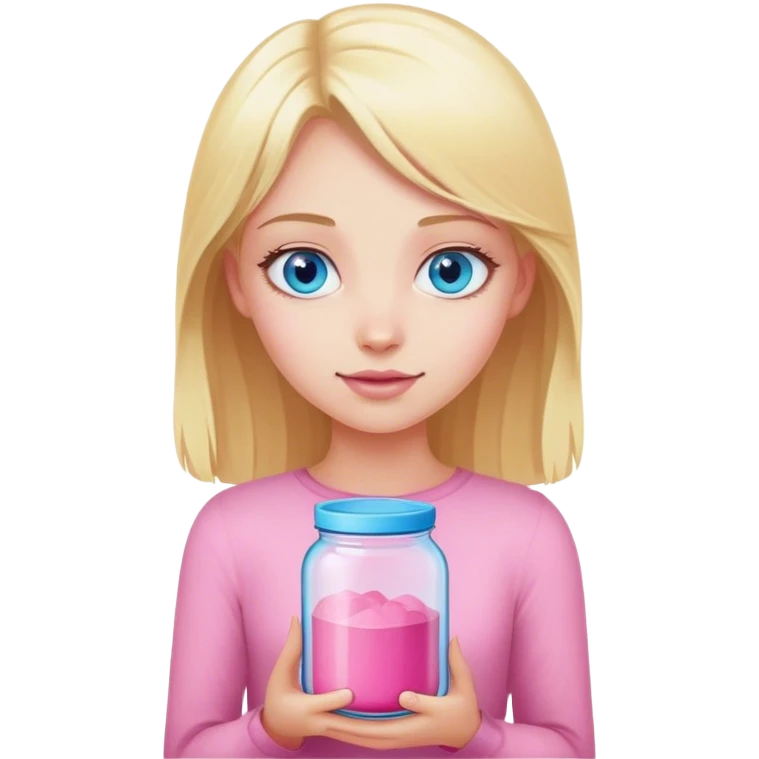 Blonde girl with blue eyes holding pink jar emoji