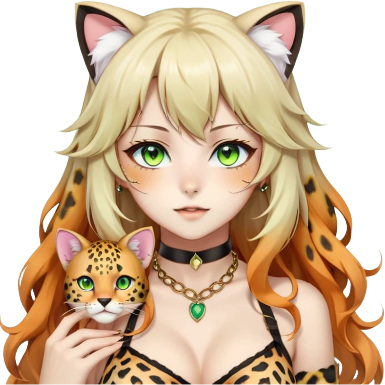 Beautiful gorgeous pretty anime lady, half-human-half-leopard, catgirl, round-leopard-cheetah-ears, nekomimi, kemonomimi, long wavy whitish-beige-hair with gradient-orange tips, colorful green eyes with thin slit pupils, black collar, white bra, gold necklace emoji