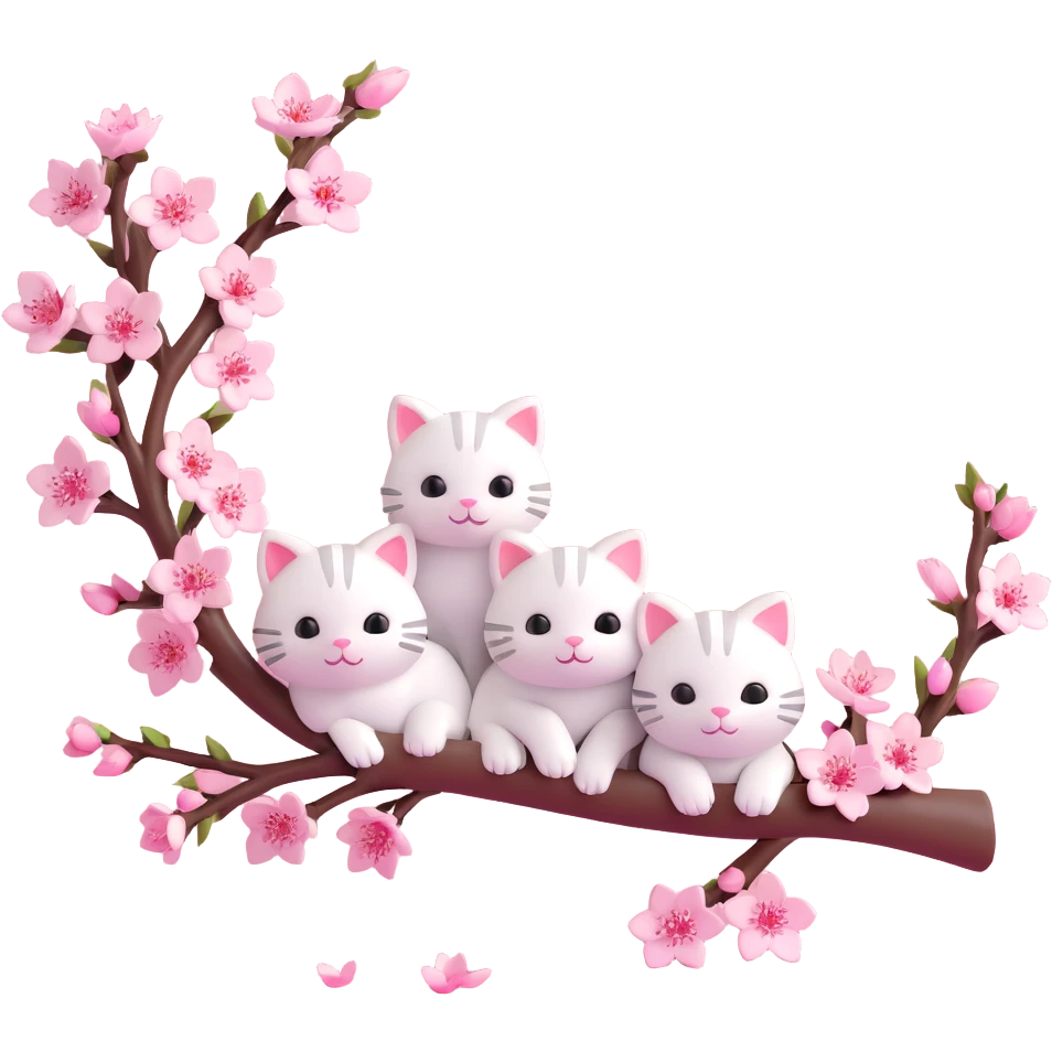 3D iOS-style cherry blossom branch with pink flowers and small white cats hiding among the petals, soft gradients, glossy finish emoji