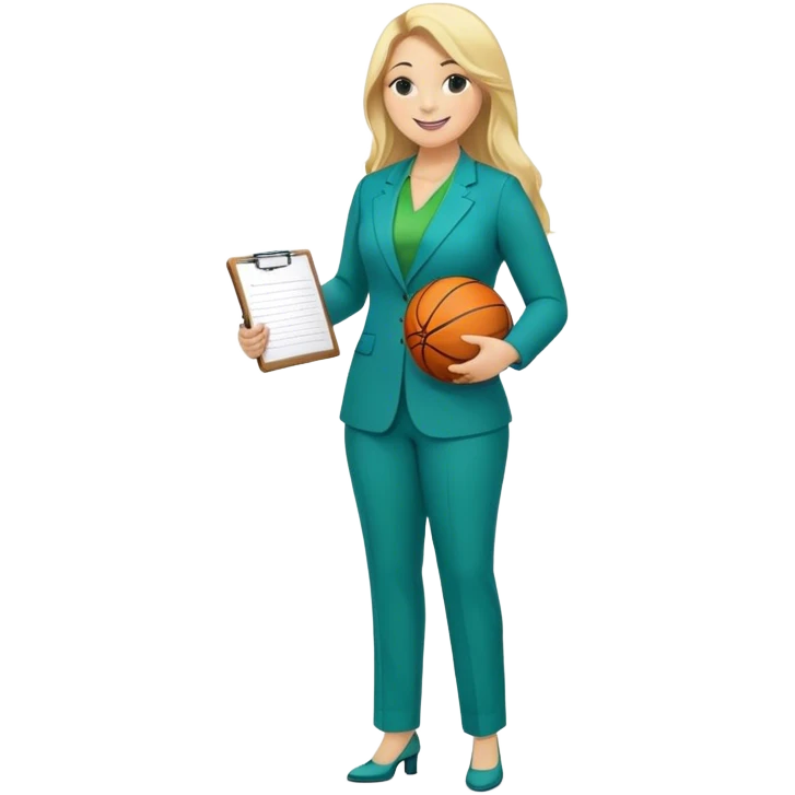 Full Body white plus size female with big nose basketball head coach using a clipboard with long blonde hair in a blue and green suit smiling with basketball and clipboard emoji