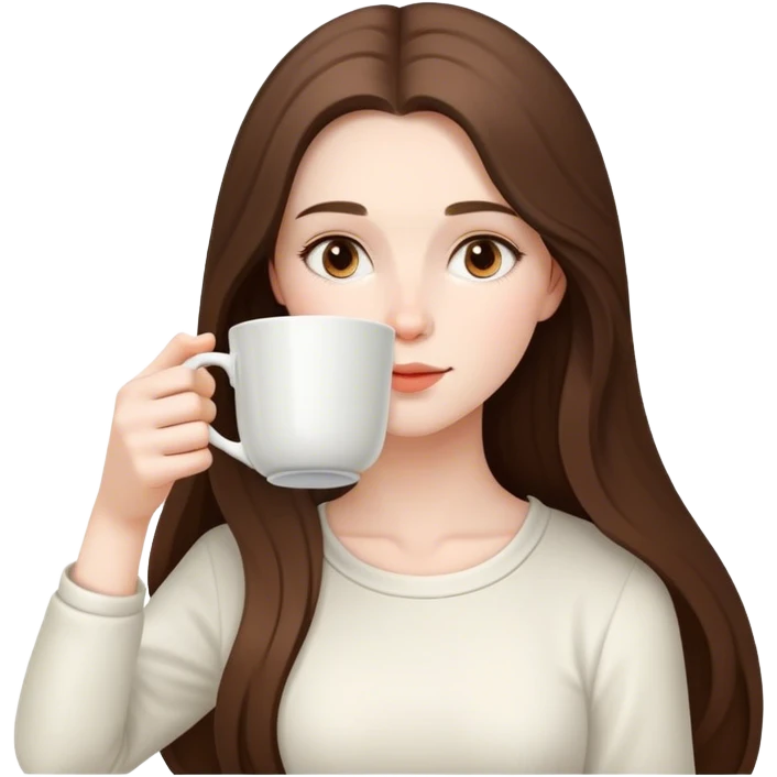  beautiful pale brunette girl with long hair drinking tea from a big cup emoji