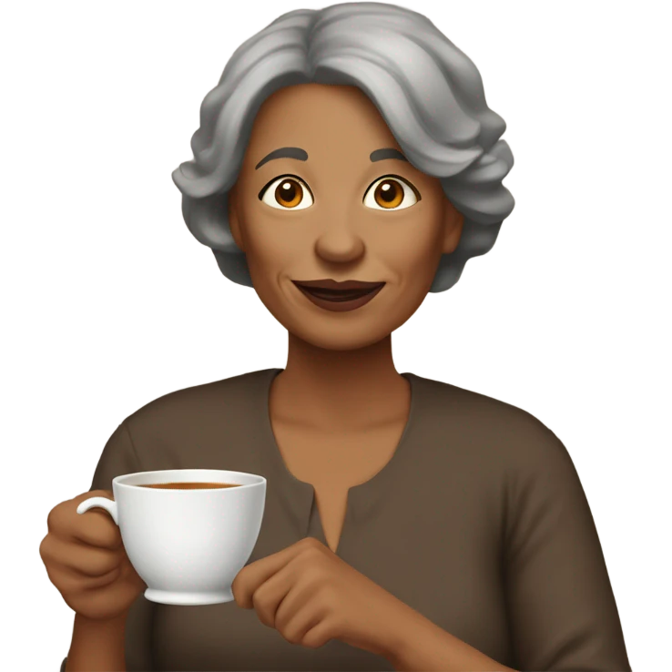 Middle Aged woman with brown pixi cut drinking tea emoji