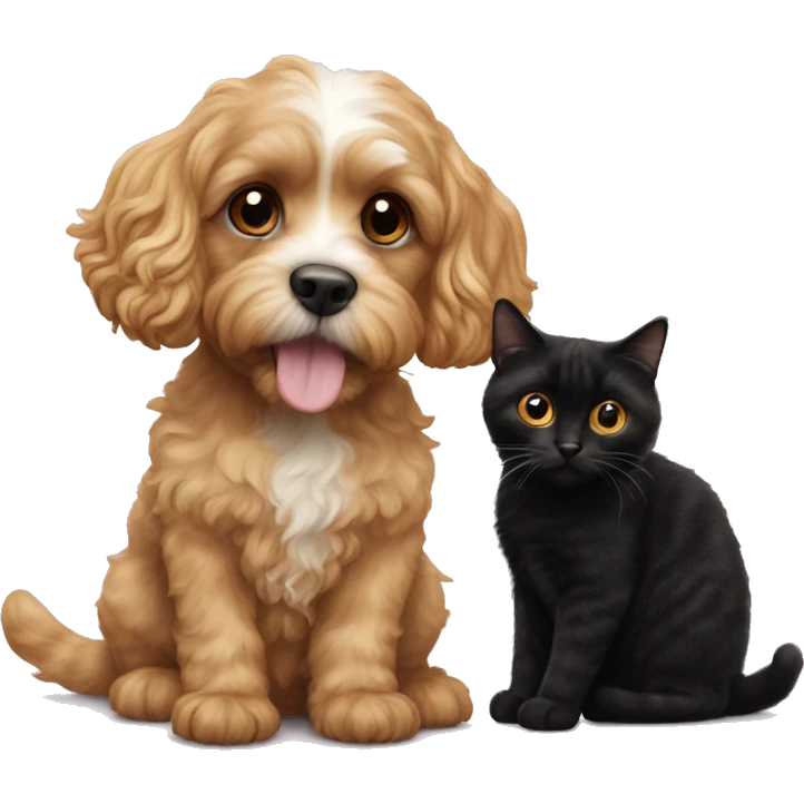 blonde cavapoo next to a black calico cat emoji